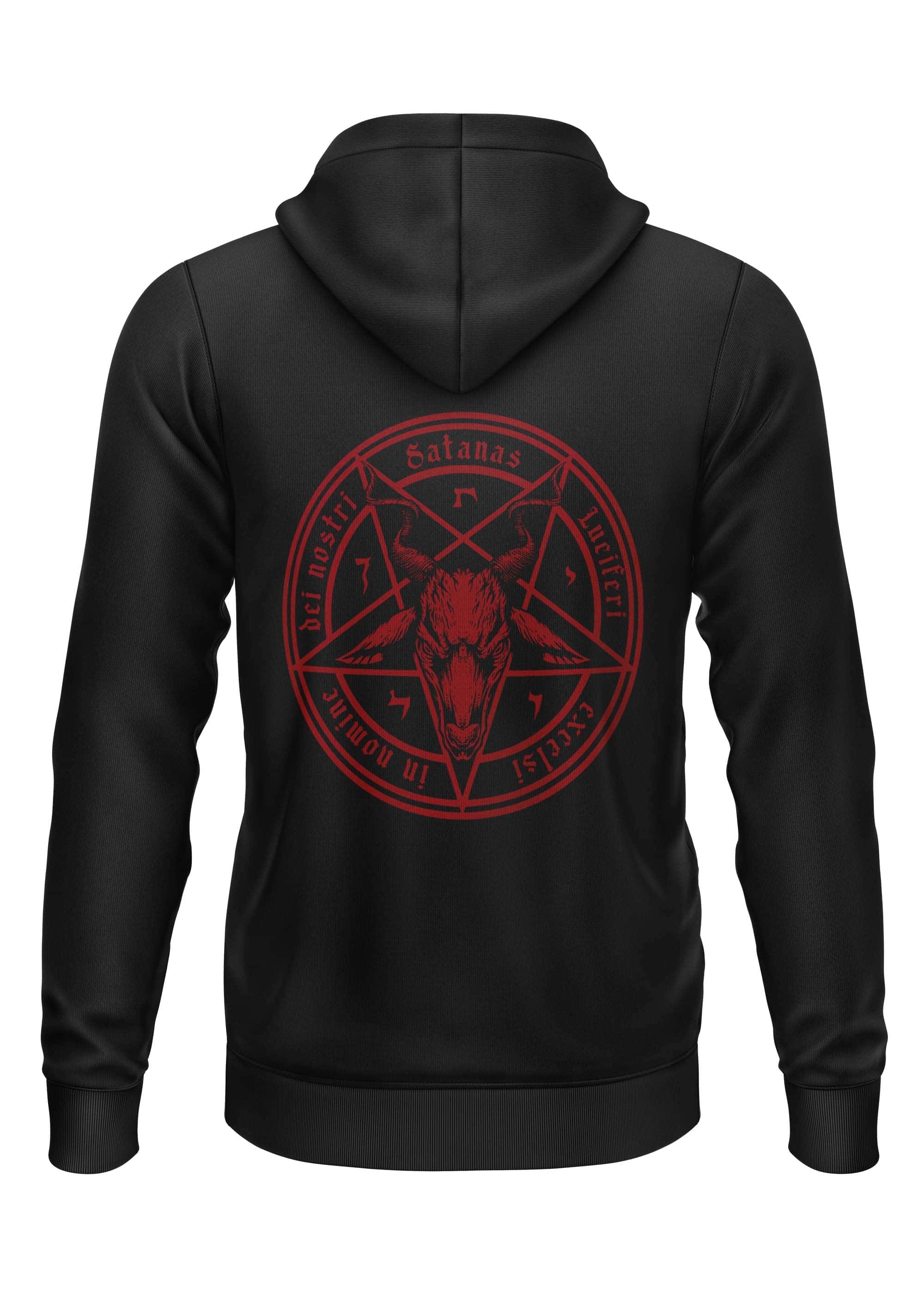 Schwarzer hoodie satanas rot mit rotem pentagramm und ziegenschädel auf der rückseite von gaia lizenzierte kleidung ltd